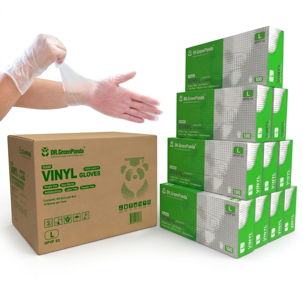 Dr.GreenPanda Lot de 1000 gants jetables en vinyle transparent de qualité alimentaire, sans latex ni poudre, texture douce, extra (non stériles)