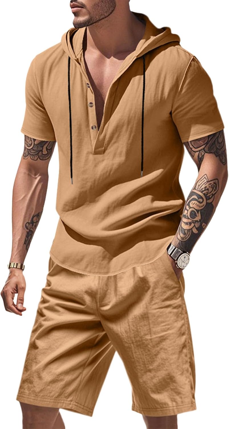 Costaric Mens Linen Sets Button Drawstring Hoodies 2 Piece Short Sets Summer Beach Vacation Clothes 2025 Workout Tracksuits