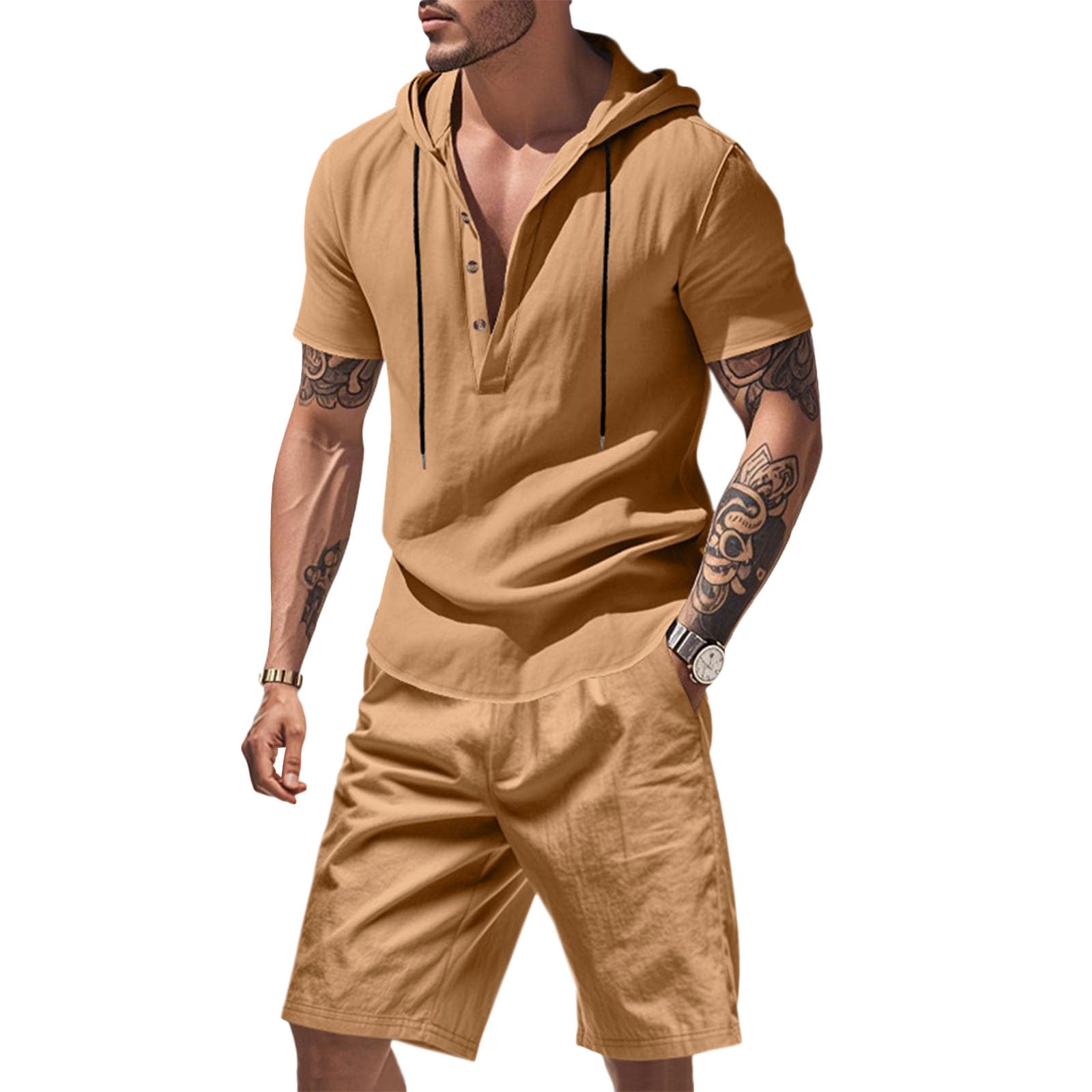 Costaric Mens Linen Sets Button Drawstring Hoodies 2 Piece Short Sets Summer Beach Vacation Clothes 2025 Workout Tracksuits