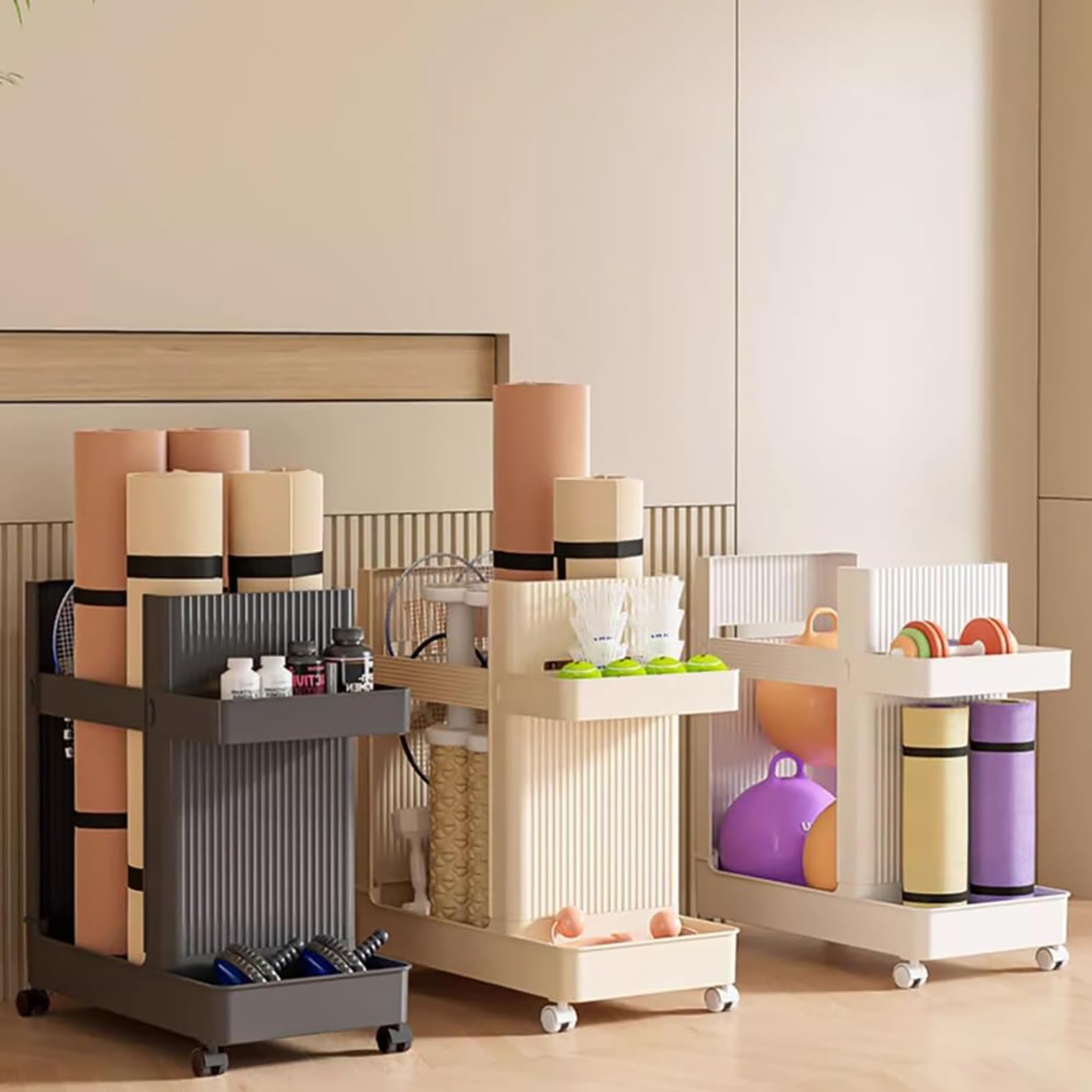 2-stöckiges Rollgerät für Heim-Fitness-Organisation, platzsparende Aufbewahrung für Yogamatten und Hanteln