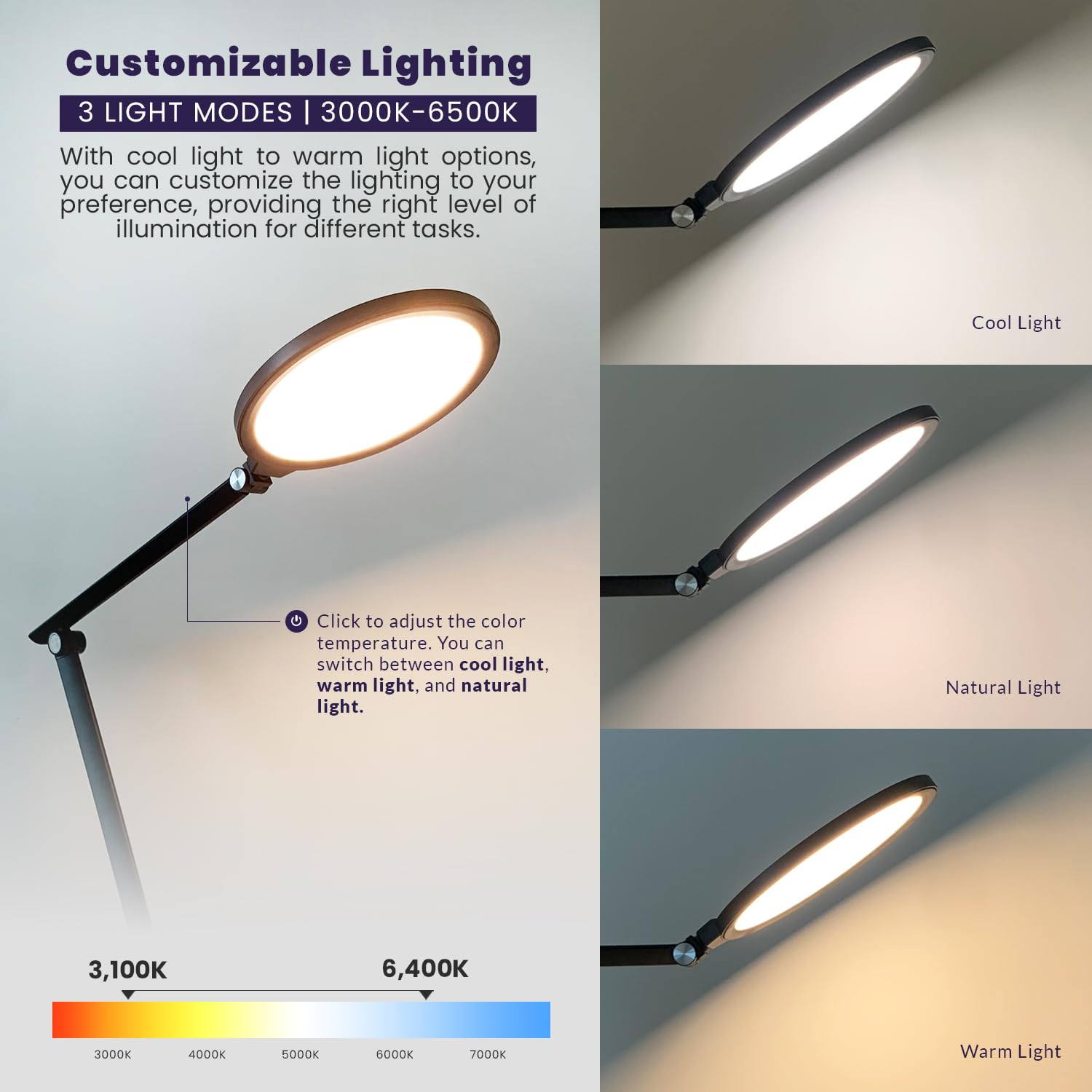 Neatfi Lámpara de escritorio LED moderna, 5 niveles de brillo, 3 modos de luz, 3100-6400K, control táctil, funcionamiento mediante USB/enchufe, iluminación para zoom y cámara web (Con Abrazadera)