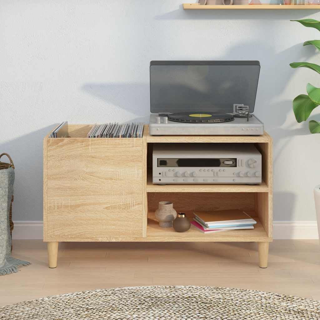 Armadio a pannelli in rovere Sonoma, con vano portaoggetti, 84,5 x 38 x 48 cm, gambe in legno stabili, spazioso per dischi in vinile, versatile come armadietto, mobile per il soggiorno con