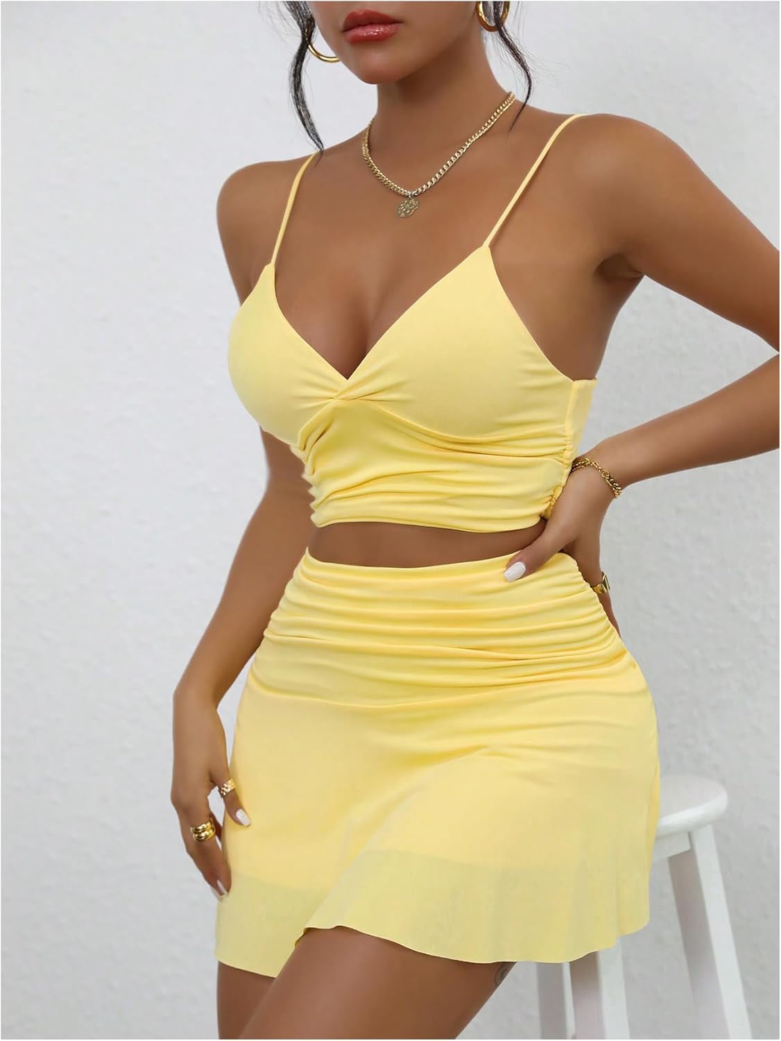SHENHE Women's Y2k 2 Piece Mini Skirt Set V Neck Crop Cami Top Ruched Ruffle Skirt Going Out Set - Image 5