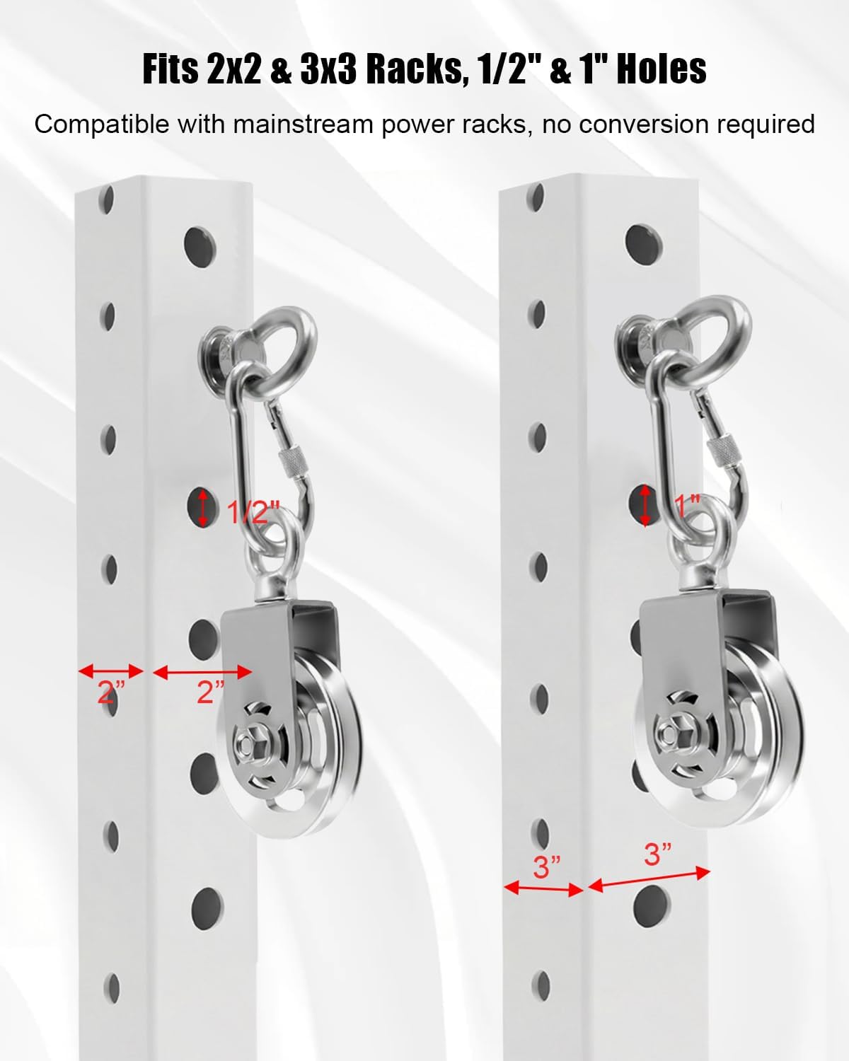 Height Adjustable Cable Pulley System for Power Rack, 304 Stainless Steel Hand-Tightened Pulley with Silent Bearings, Fits 2x2 & 3x3 Racks (1/2” & 1” Holes)