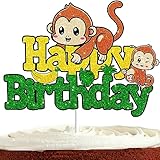 Cute Monkey Cake Topper for Boys Girls Happy Birthday Banana Safari Jungle Animal Party Decorations Supplies Glitter Monkey Birthday Cake Decorations