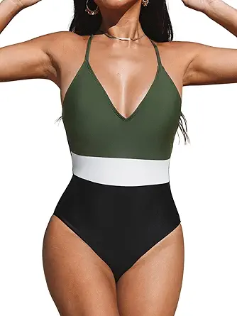 CUPSHE Deep V Crisscross Back Color Block One Piece Swimsuit