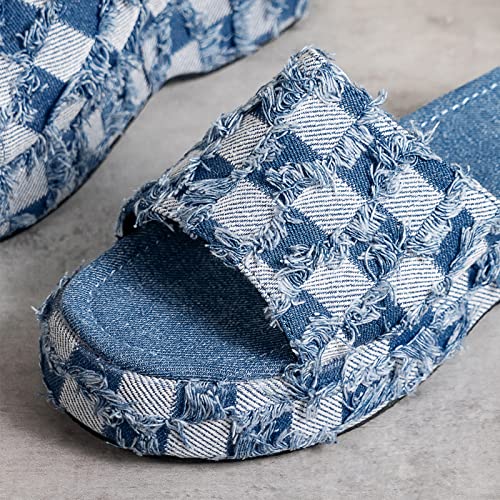 Women's Denim Cloth Heckered Pattern Platform Slides Vintage Thread Edge Open Toe Slip On Comfortable and Non-Slip Slide Boho Sandals3