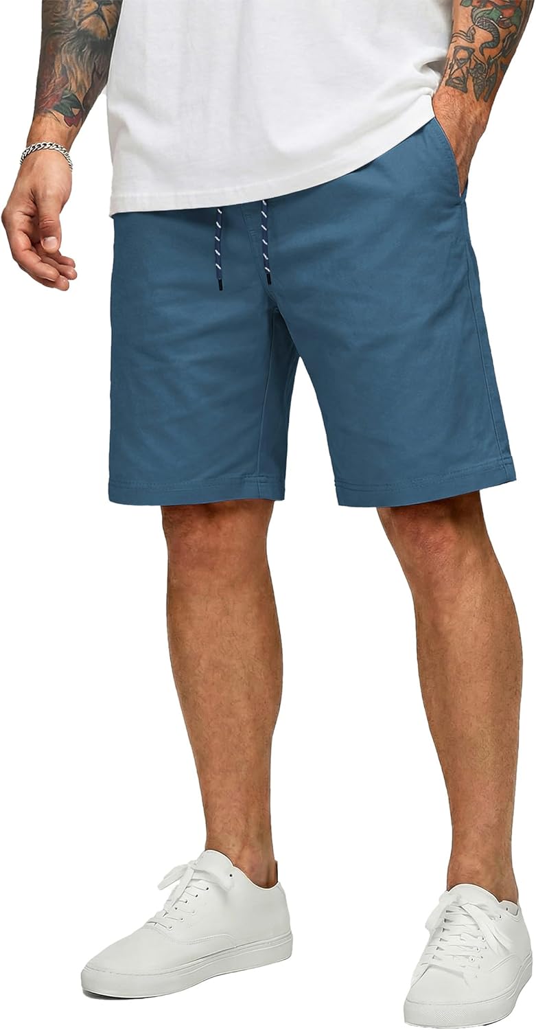COOFANDY Mens Casual Shorts Cotton Drawstring 9 inch Chino Shorts Stretch Elastic Waist Summer Beach Golf Shorts