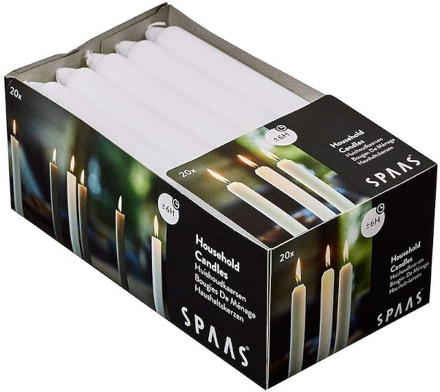 Spaas 20 Household Tapered Dinner Candles 19/180 mm, ± 6 Hours, Unscented, White