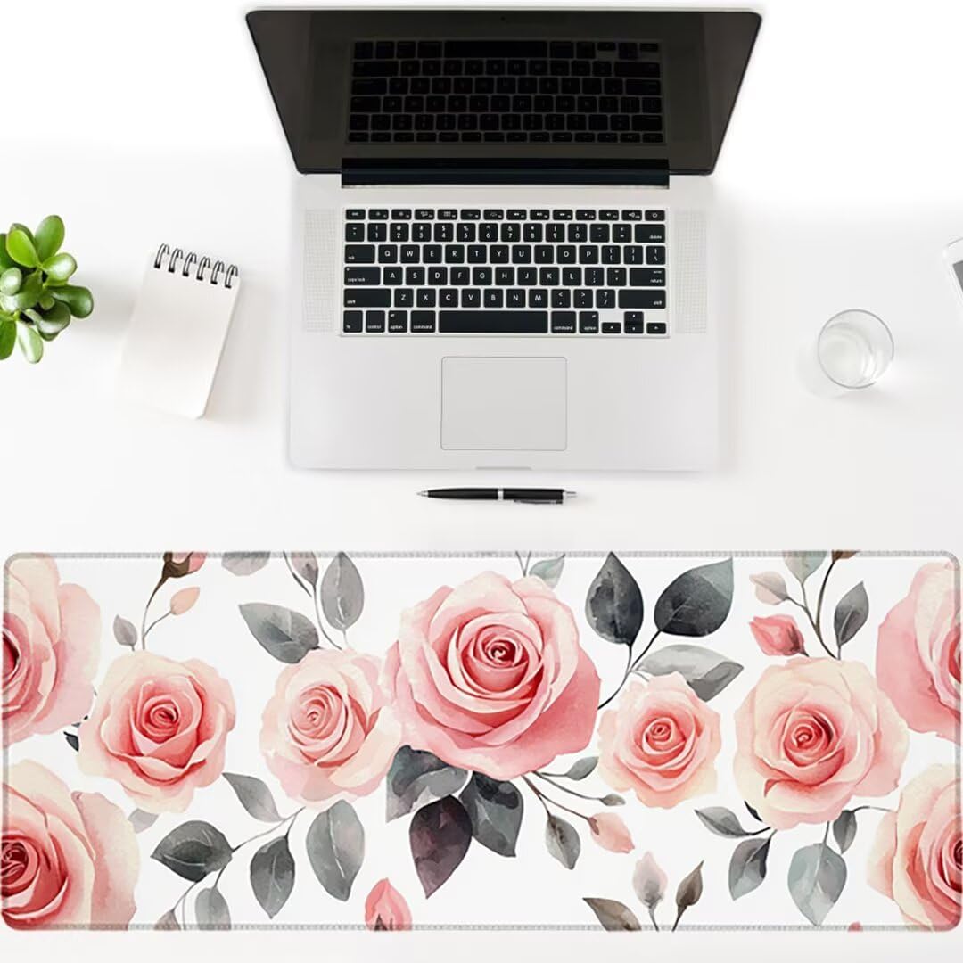Podkładka pod mysz XXL Flower - 1400x600x3mm - Biała duża mata na biurko z przeszytymi krawędziami i antypoślizgowa wodoodporna do komputera, laptopa poprawia precyzję i szybkość. -35518
