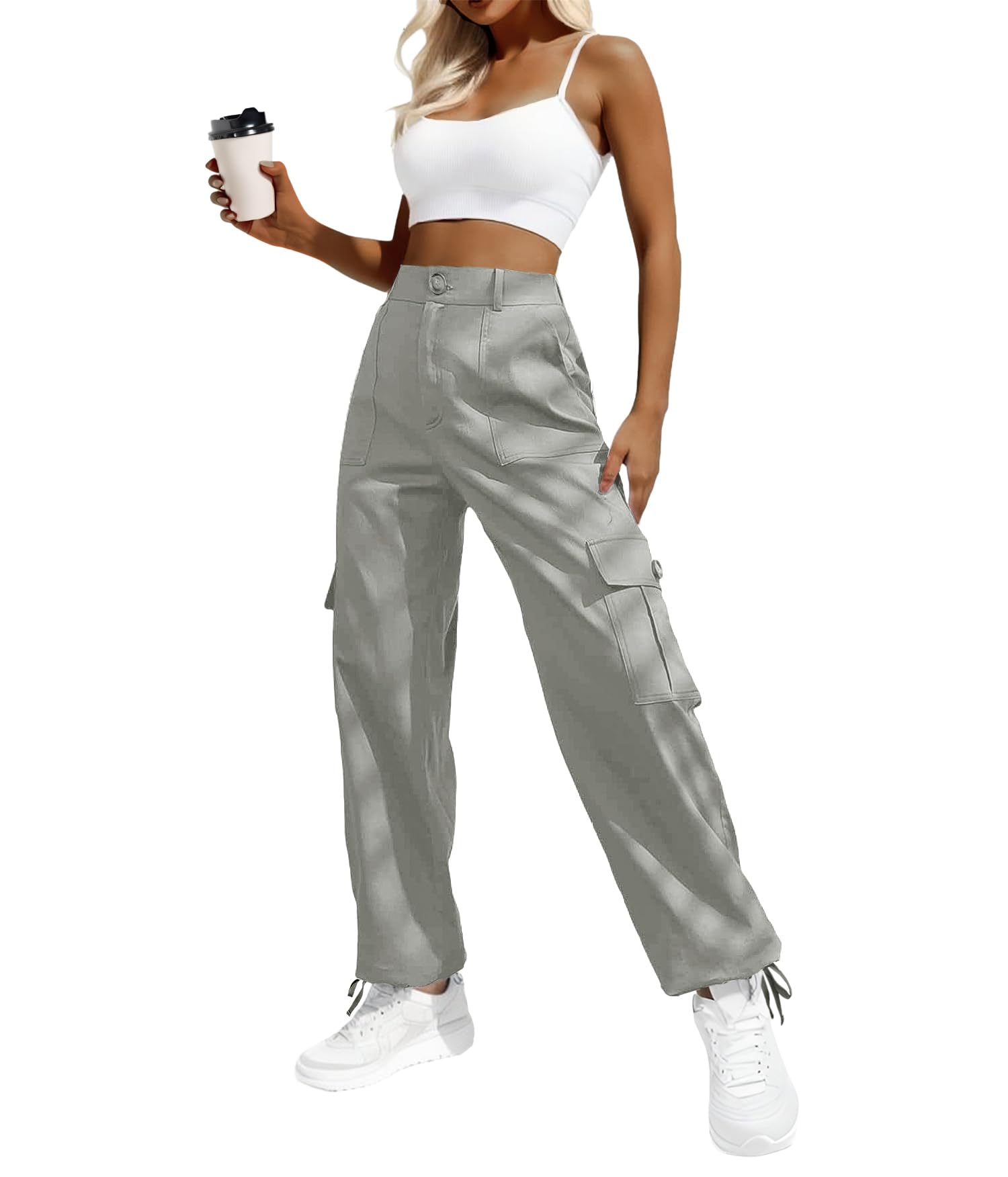 Lepunuo Women's High Waisted Cargo Pants Travel Y2K Streetwear Baggy Stretchy Pants with 6 Pockets Drawstring Ankle Cuffs