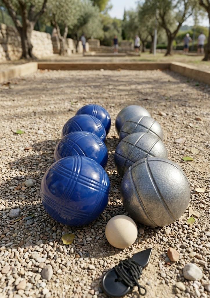 BuyBocceBalls Listing -73mm Metal Bocce/Petanque 8 Ball Set with 4 Striped Grind Sand and 4 Blue Balls and Blue Bag