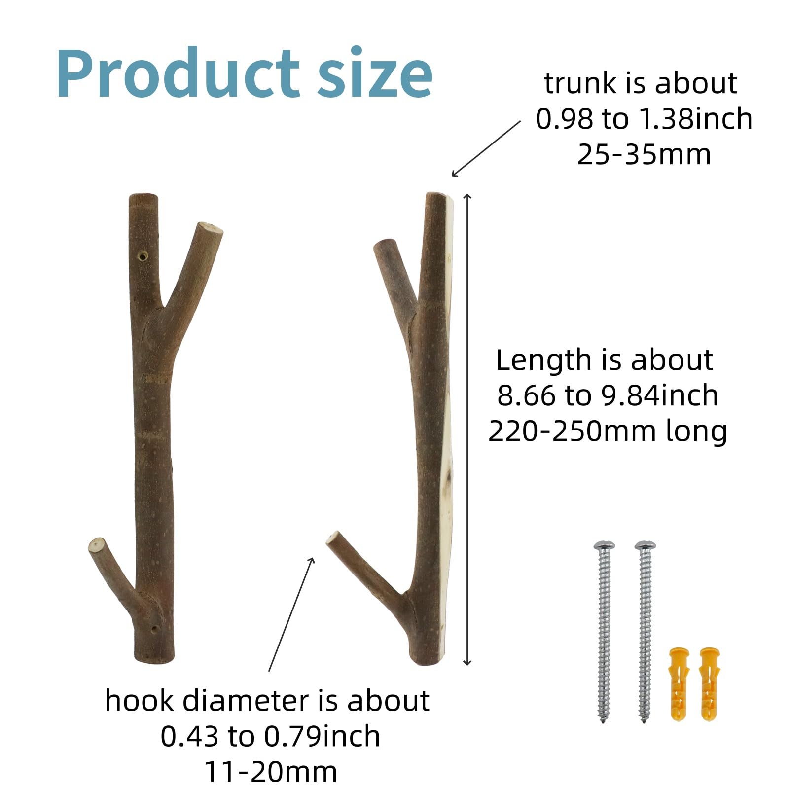 2 ganchos de pared dobles de madera real con ramas de árbol, rústico decorativo de madera con tronco de corteza de 2 cm a 3,5 cm de grosor con tornillo