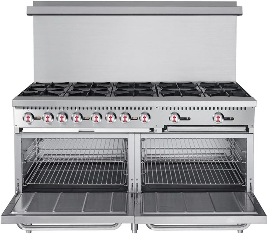 Pemberly Row 60" Commercial LP Range with Oven, 10 Burners, Stainless Steel, Built-in Backsplash and Shelf, Heavy-Duty Kitchen Range for Cooking, Sauteing, Baking