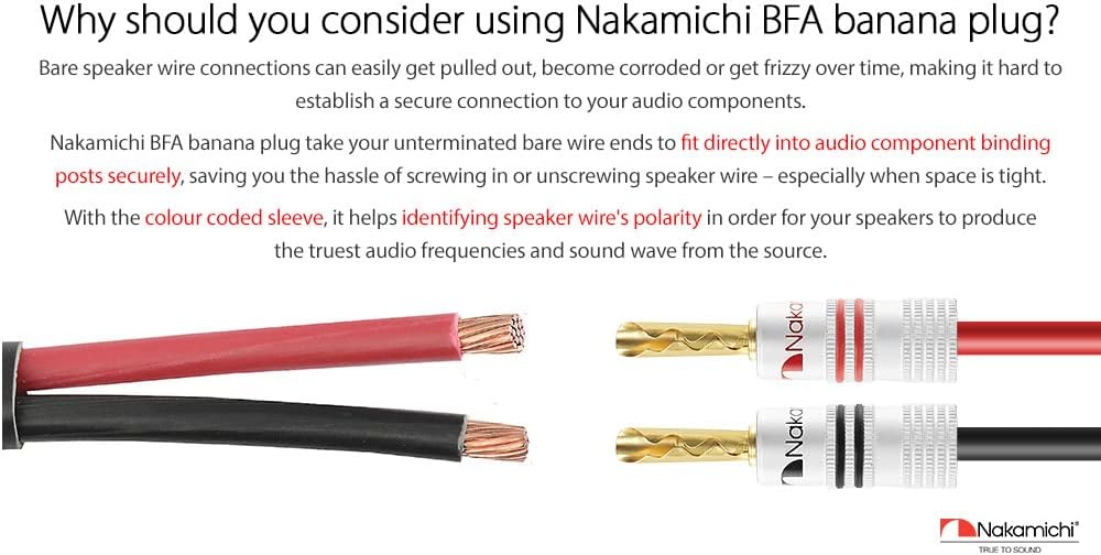 Nakamichi Excel Series 24k Gold Plated Banana Plug 12 AWG - 18 AWG Gauge Size 4mm Speakers Amplifier Hi-Fi AV Stereo Home Theatre Audio Wire Cable Screw Connector 4 Pcs (2-Pairs), BFA Banana Plug - Image 3