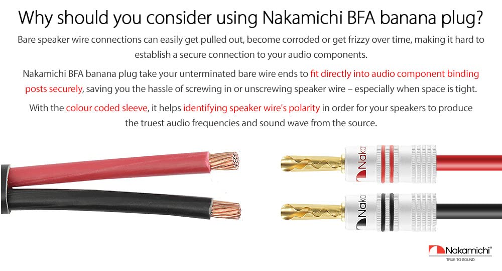 Nakamichi Clavija Banana 12-18 AWG 4 mm 24K Chapado en Oro Enchufe de plátano Adaptador para Altavoces con Cable y Amplificador de Altavoz HiFi 16 Piezas (8 Pares) Clavija Bananas BFA