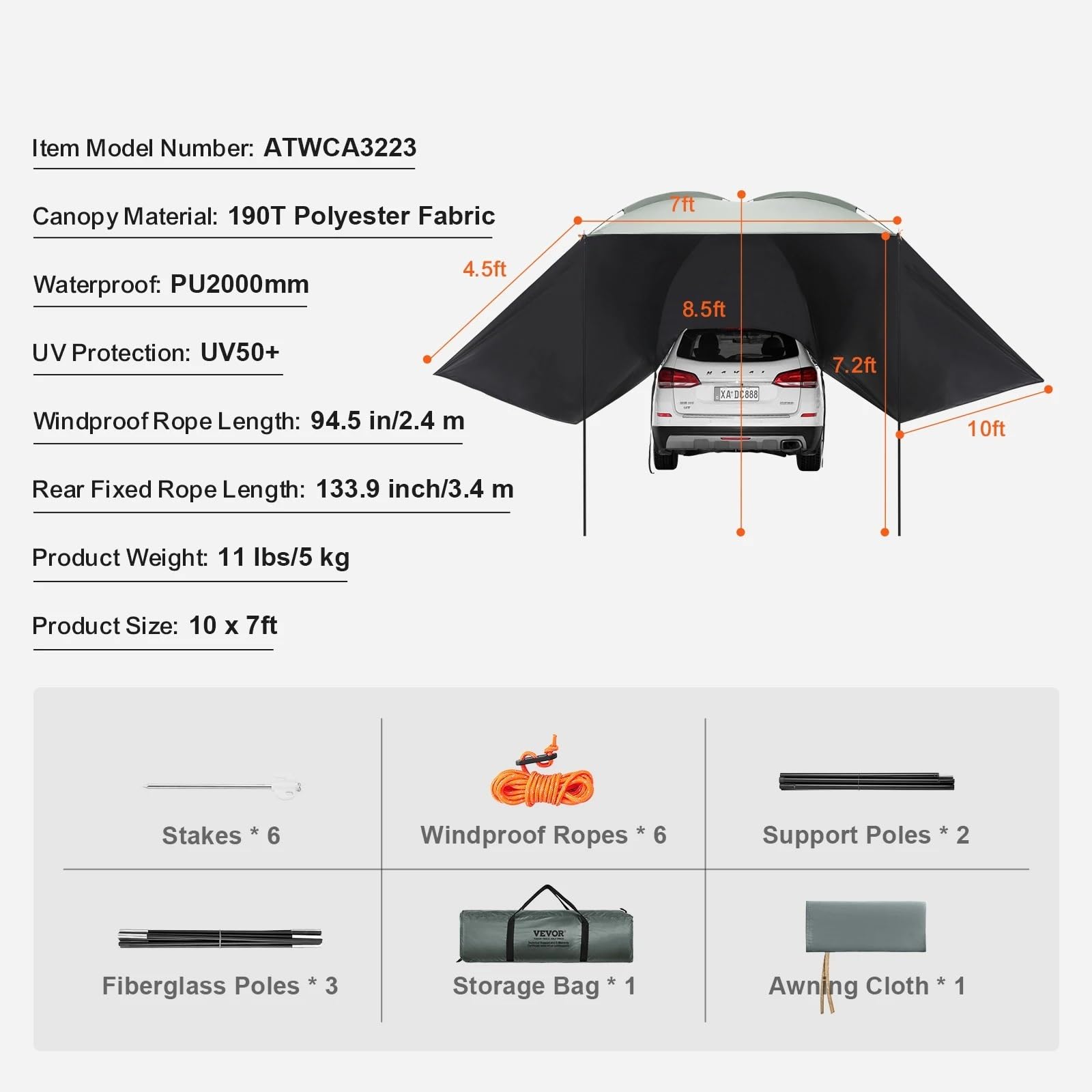 Toldo Caravana,Toldo Furgoneta Camper Toldo retráctil for vehículo, toldo Lateral for Coche, toldo for Coche con Bolsa de Almacenamiento Impermeable, Apto for camión, SUV, Furgoneta(10x7ft)