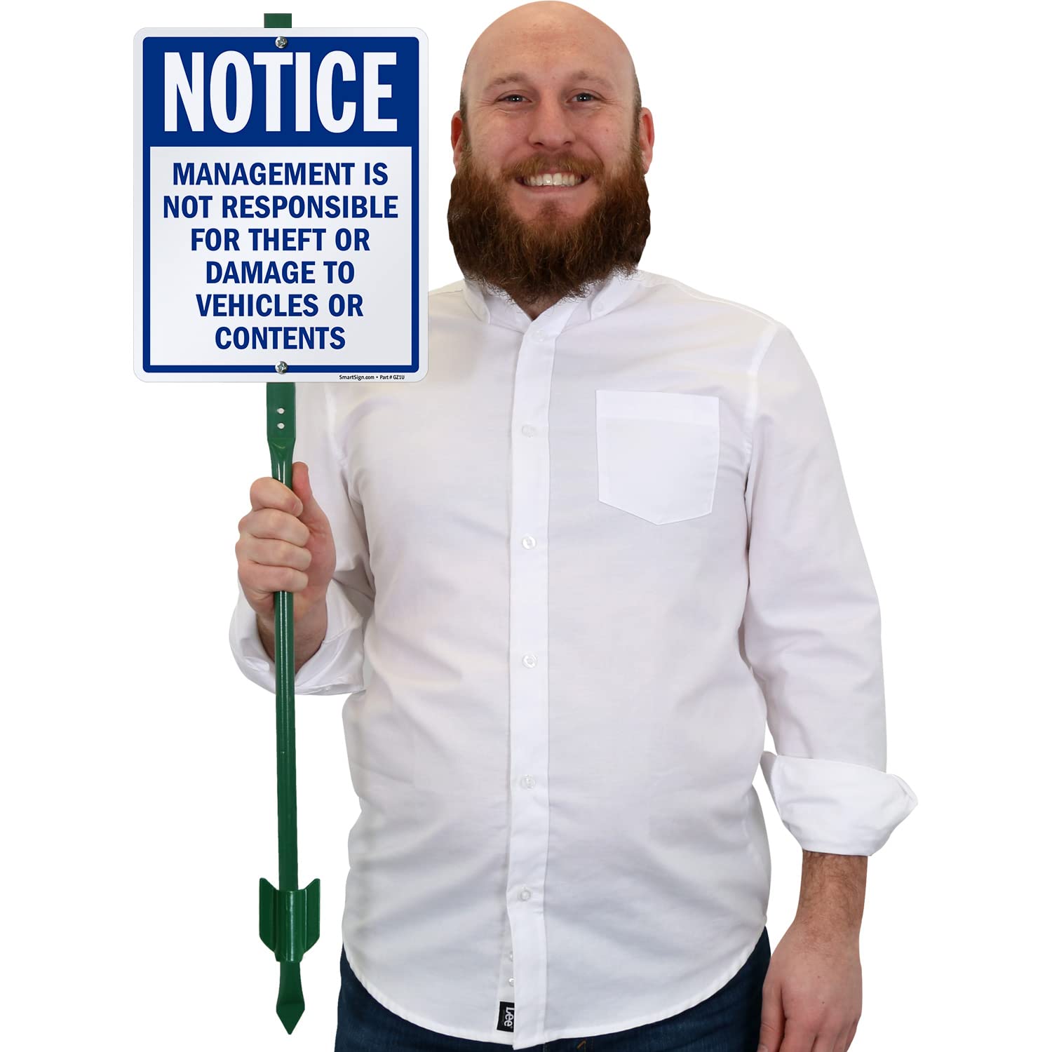 SmartSign 12" x 10" 'Notice Management Is Not Responsible for Theft/Damage to Vehicles Or Contents' Yard Sign with 3 ft Stake, 40 mil Laminated Aluminum, Blue and White, Set of 1, USA-Made