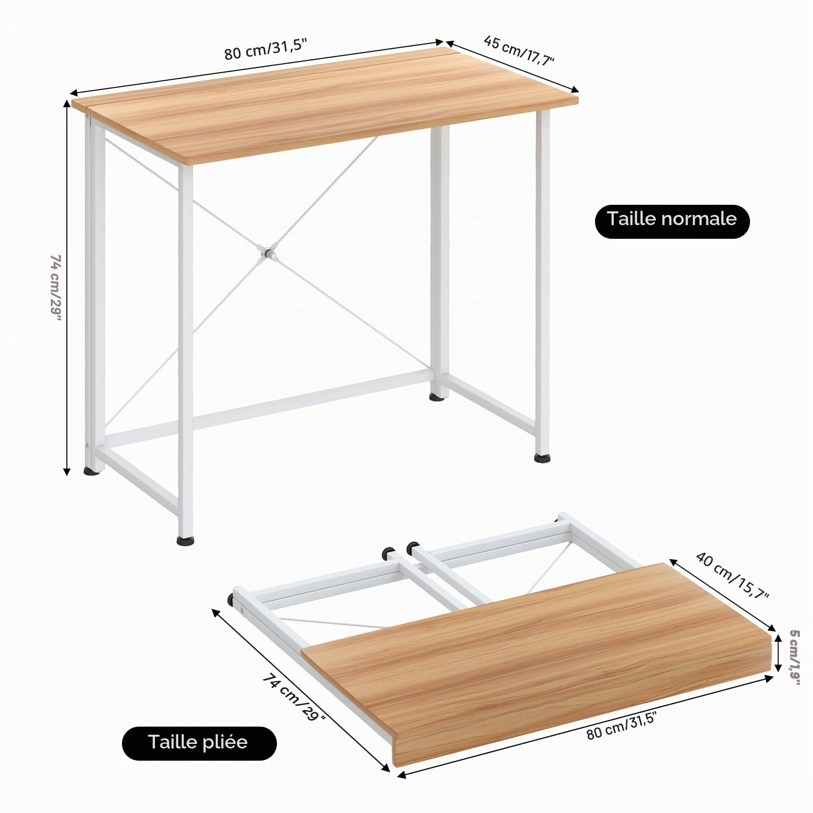 PIPIPOXER Table de Bureau Pliante 80x45x75cm, Petit Bureau d'Ordinateur Pliable, Cadre en Métal pour Étudier, Travailler, Chambre, Imperméable, Bois