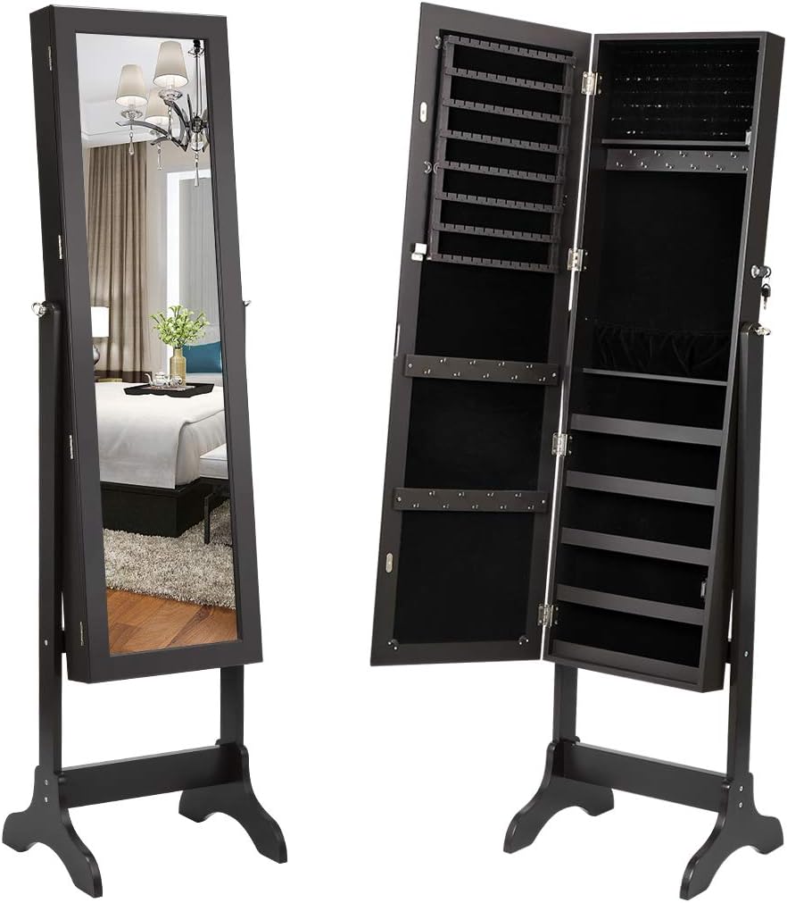 LANGRIA Lockable Jewelry Cabinet Jewelry Armoire with Mirror Jewelry Holder Organizer Storage, 4 Angle Adjustable, Brown