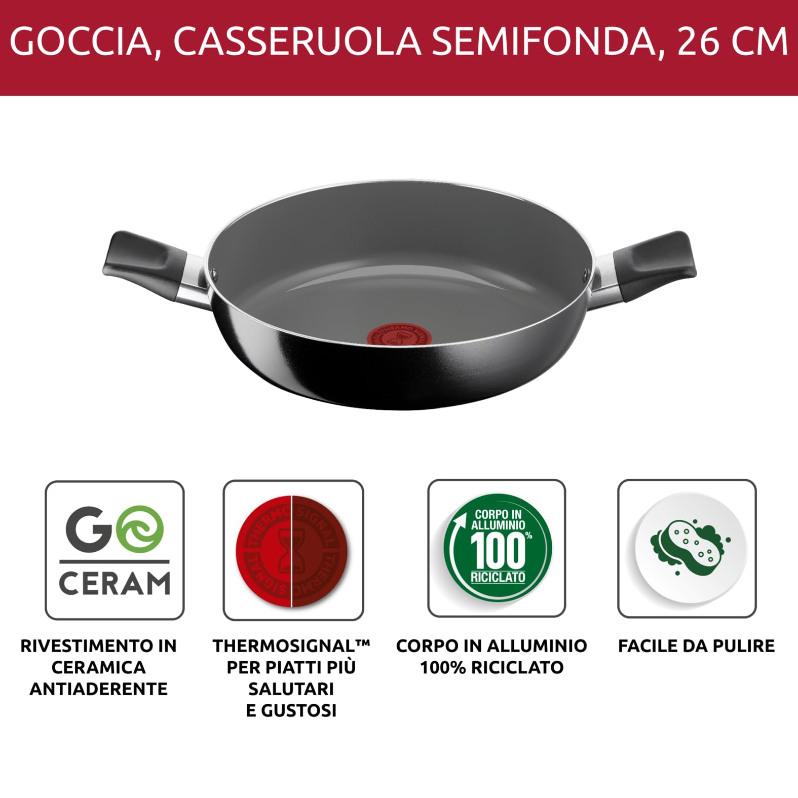 Lagostina Goccia Casseruola Bassa 26 cm, Rivestimento in Ceramica Antiaderente, Scorrevolezza Ottimale, Pulizia Facile, Ecologica, Thermo-Signal, Sicura, Compatibile con Induzione