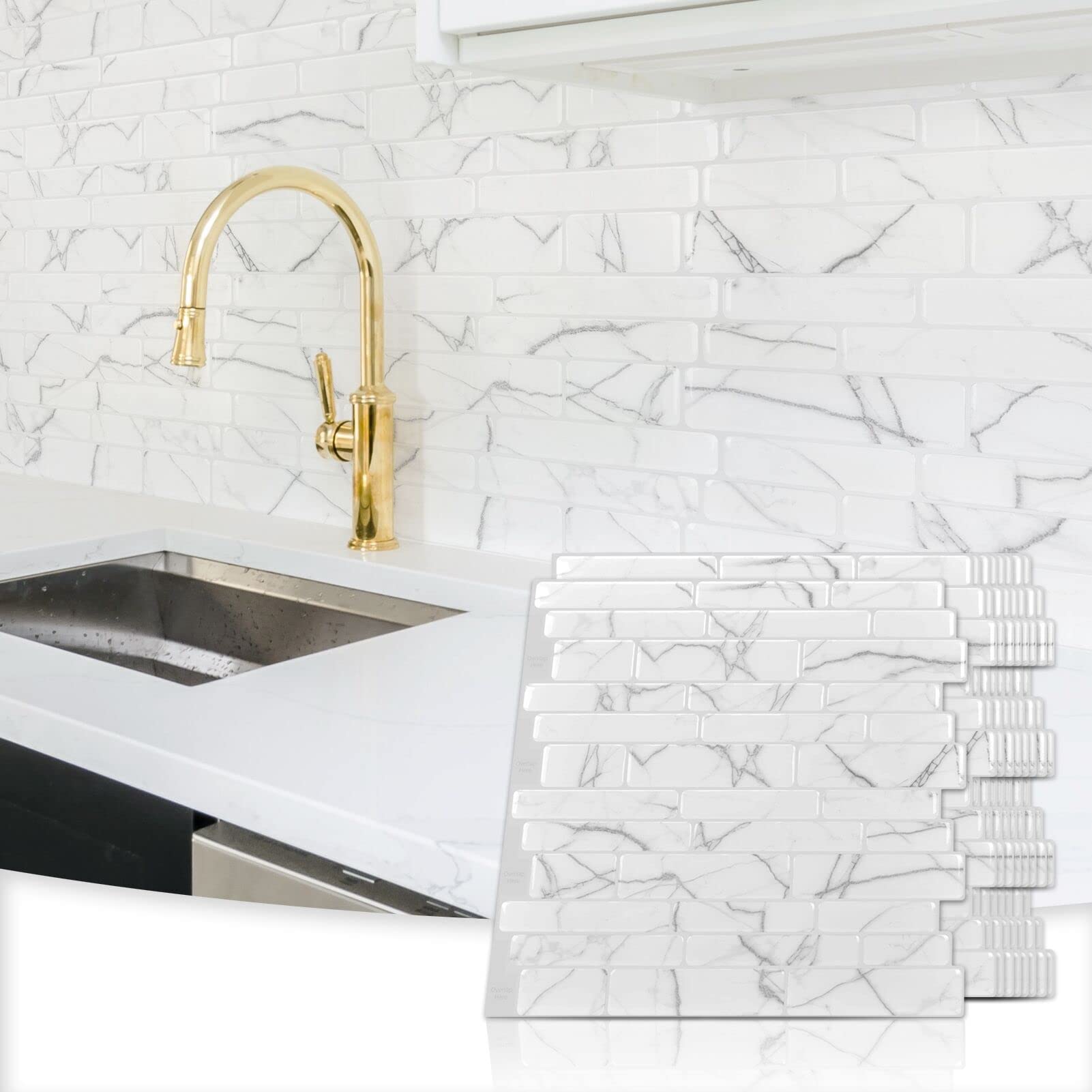 Art3d 10-Sheet Peel and Stick Backsplash, 12 in. x 12in. White Marble Design