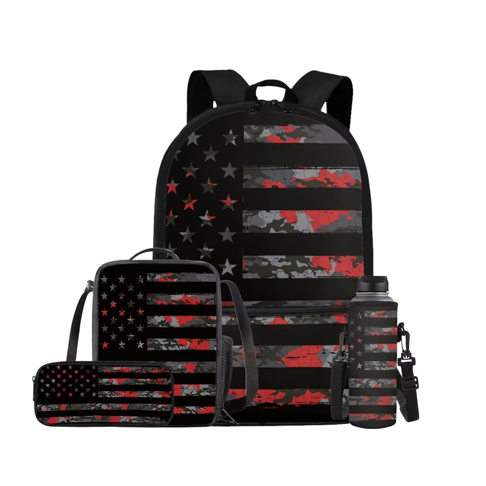 ELEDIZI American Flag Camo Backpack for Boys Kids Backpack with Lunch Box Water Bottle Carrier and Large Pencil Case 4PCS Set Bookbag with Front