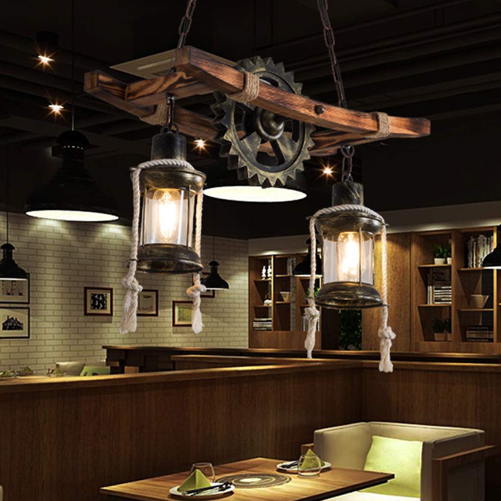Retro Hängelampe Vintage Pendelleuchte Holz Metall Pendellampe E27 Höhenverstellbar Droplight Schmiedeeisen Gear Hängeleuchte Industrie Kronleuchter Esszimmer Küche Deckenlampe Café Bar Deckenleuchte