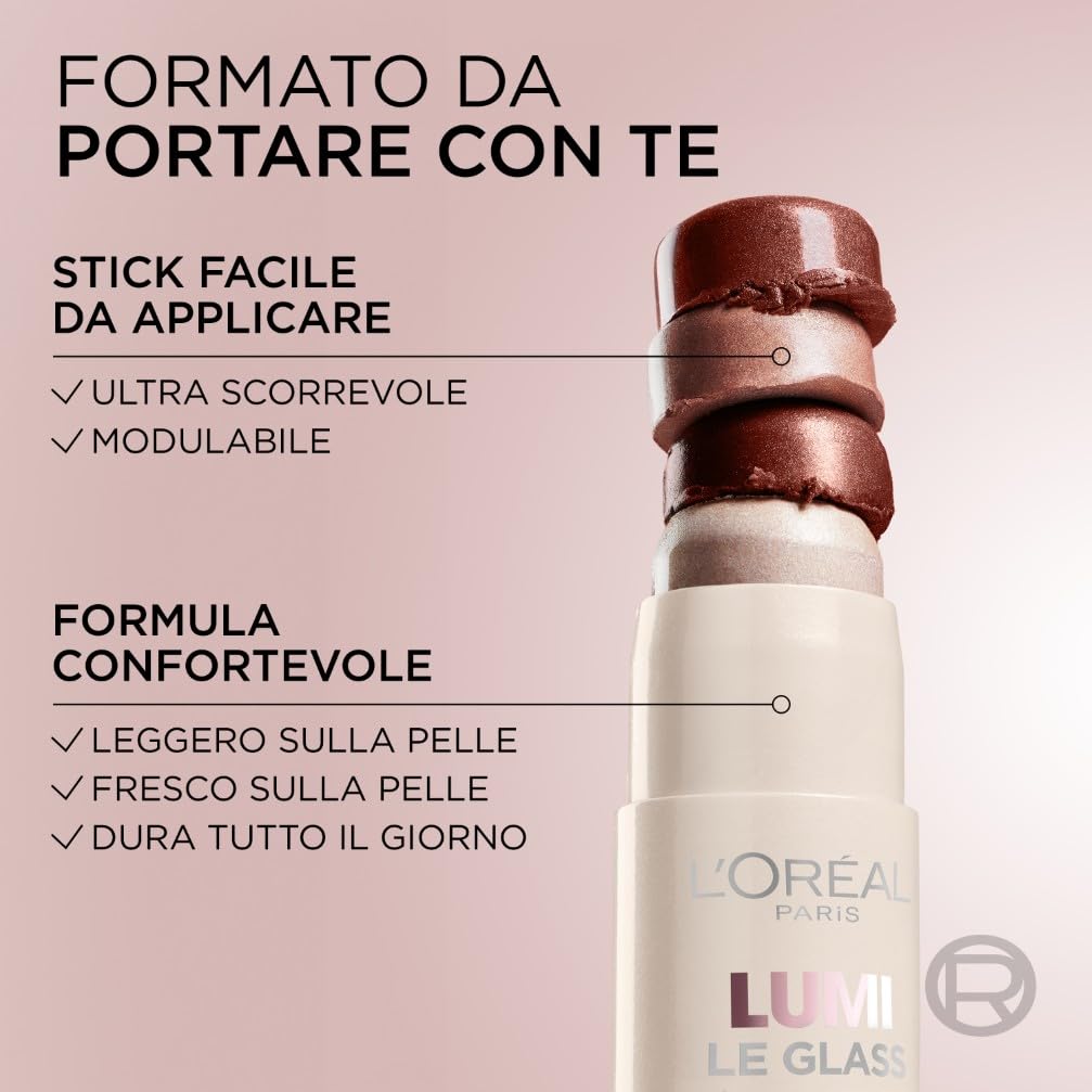 L'Oréal Paris Stick Illuminante Multi-Uso, Per Viso e Corpo, Pelle Luminosa e Radiosa, Effetto Glow Intenso e Istantaneo, Finish che Riflette la Luce, Lumi Glass, Tonalità: 610 Pearl Eclat, 5 gr