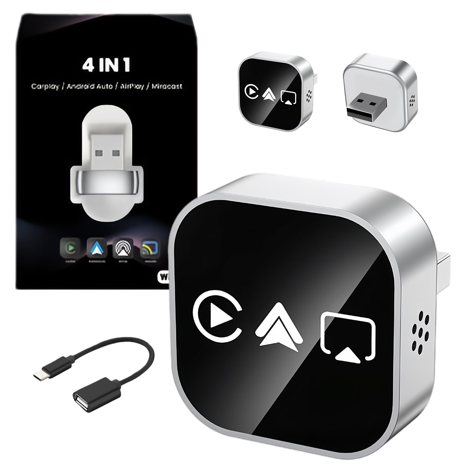 CarPlay ワイヤレス アダプター 【2026新登場-4in1 MINIアンドロイドオート＆カープレイ】 Tomistan 無線化接続 純正有線CarPlay/Android Auto搭載車適合 双方向ミラーリング スマホを大画面に映す ナビ・音声コントロール・音楽・ハンズフリー通話に対応 自動接続 98%以上の車種適用 カーアクセサリー 技適認証取得済み