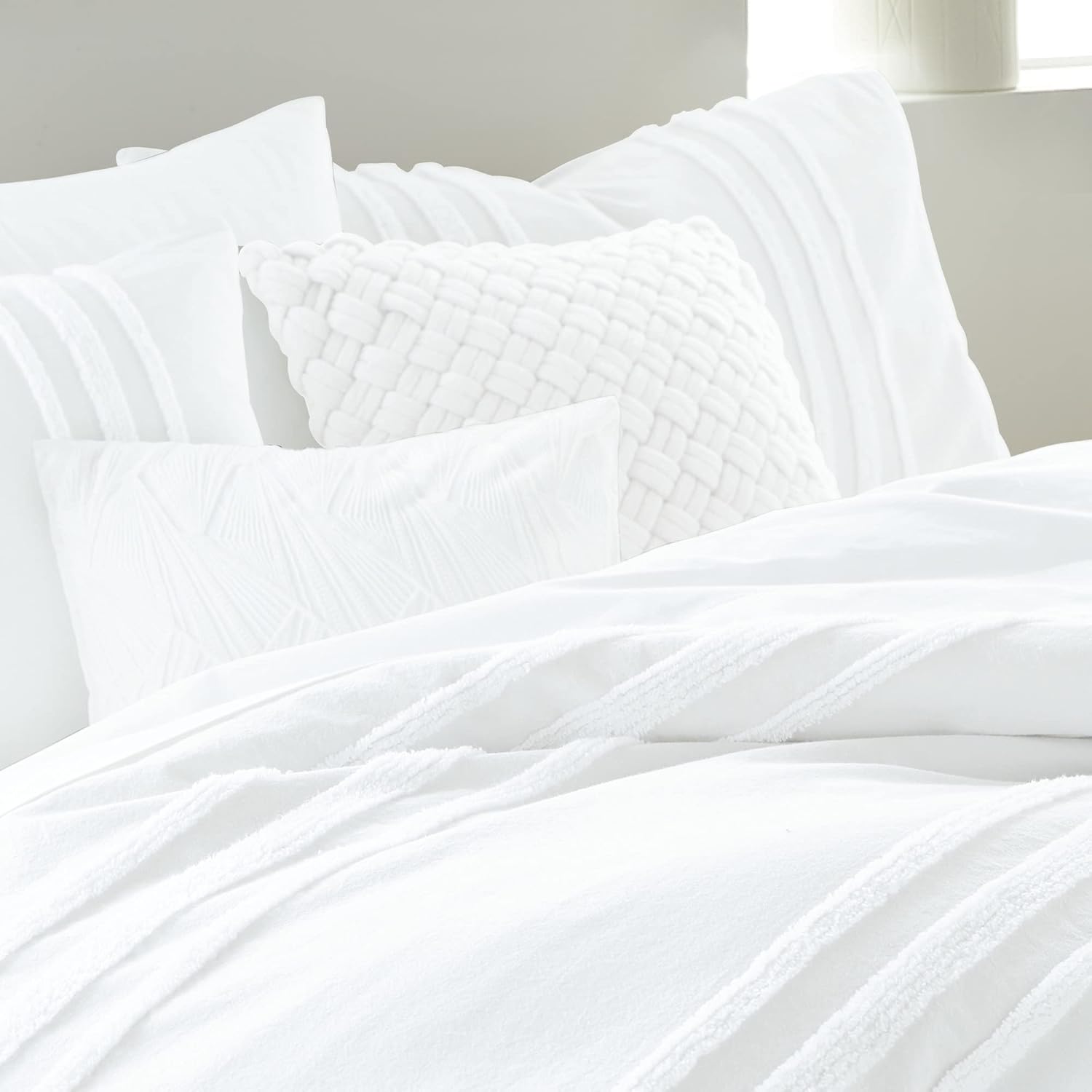 DKNY Bedding Chenille Stripe 3-Piece Cotton Comforter & Sham Set, Full/Queen, White