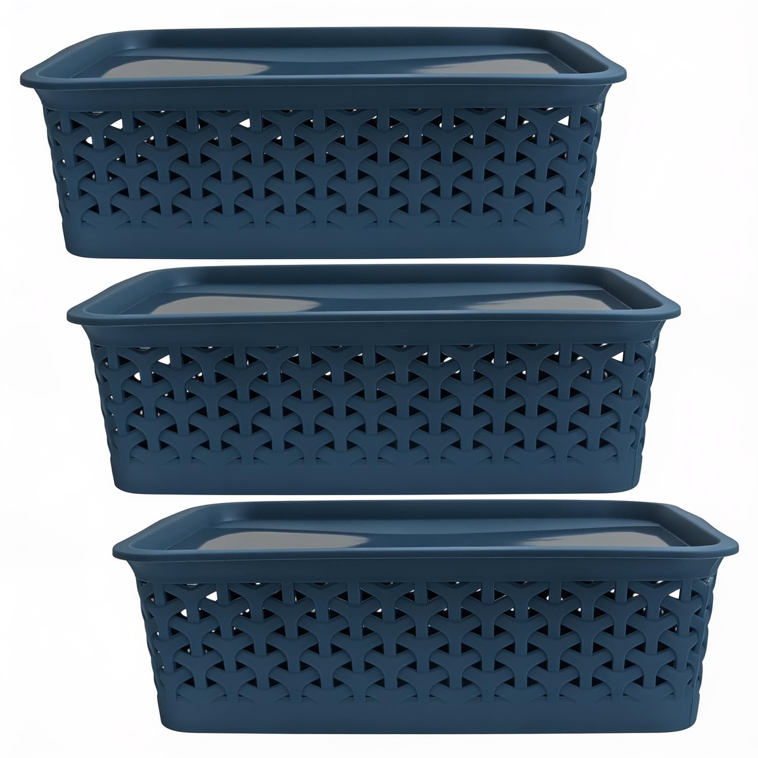 PEARLPET Everyday Medium Basket Pack of 3 with Lid | Multi-Purpose Plastic Storage Baskets | Stackable Organiser for Kitchen, Bathroom, Wardrobe, Office & Home (Teal)-image-19