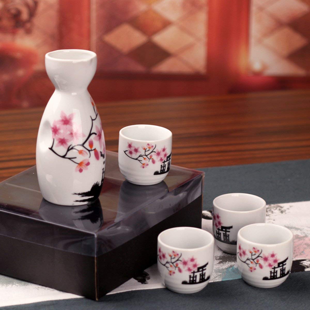 Lawei Set di sake giapponese in ceramica, 5 pezzi, motivo: fiori rosa