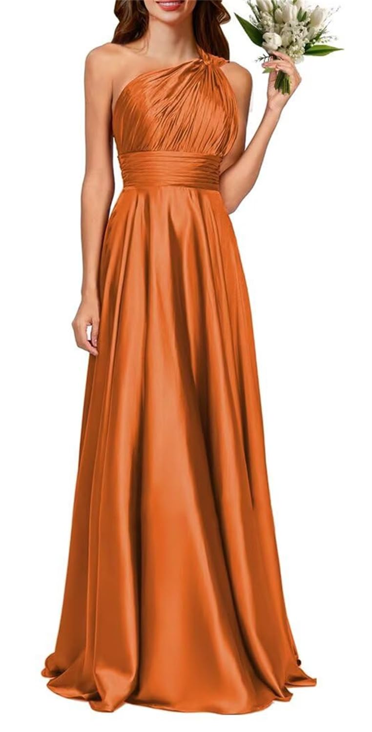 KURFACE One Shoulder Satin Prom Dresses for Women Long Ball Gown Floor Length Pleated Formal Evening Dress UK20 Burnt Orange