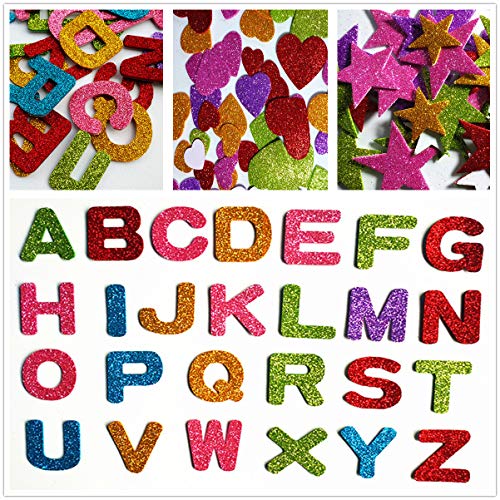 152 Pcs Colorful Glitter Foam Stickers Stars Heart A-Z Letter Self Adhesive, Kid's Homemade Arts Craft Greeting Cards Supplies Home Decoration(Assorted Colors)