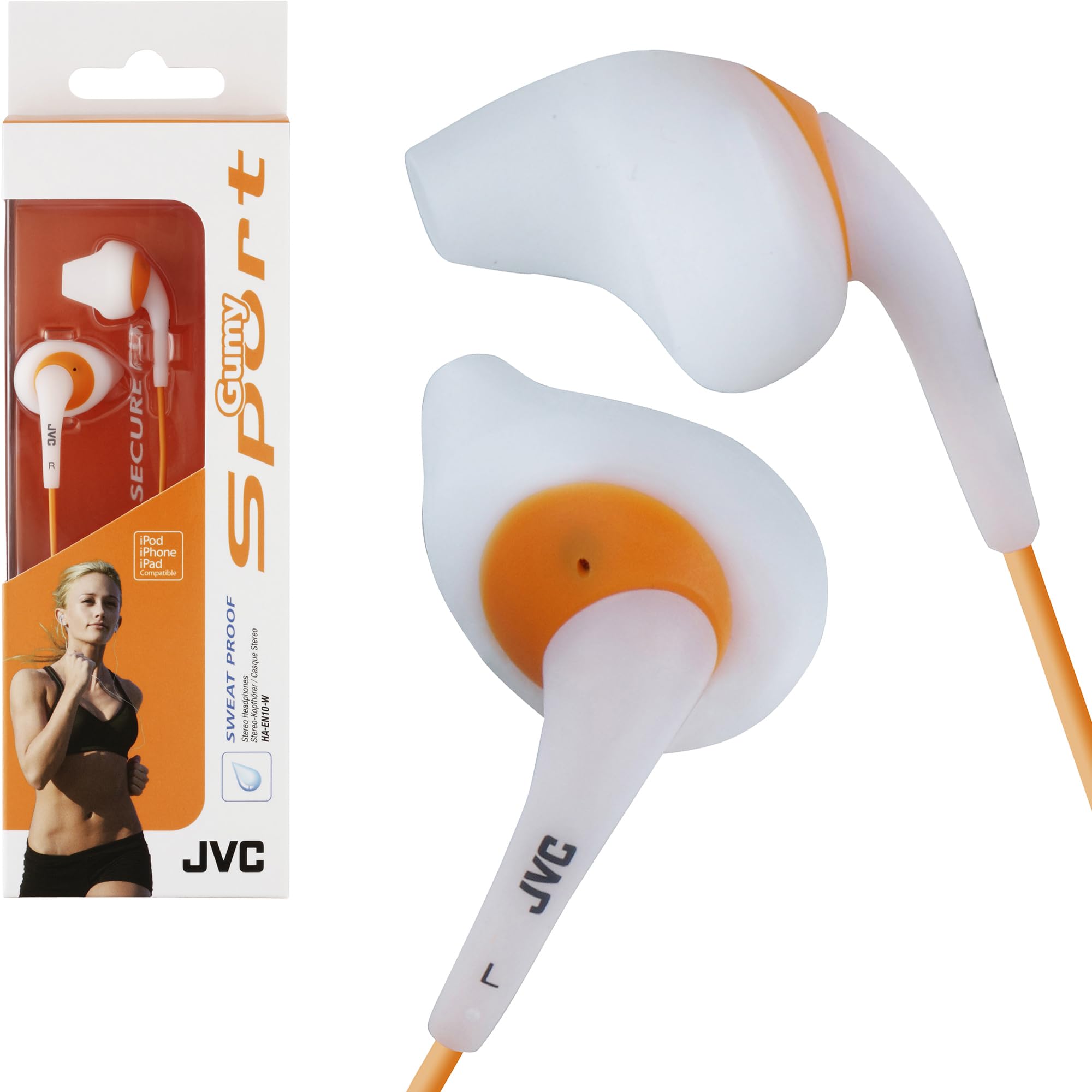 JVC White and Orange Nozzel Secure Comfort Fit Sweat Proof Gumy Sport Earbuds with long colored cord HA-EN10W