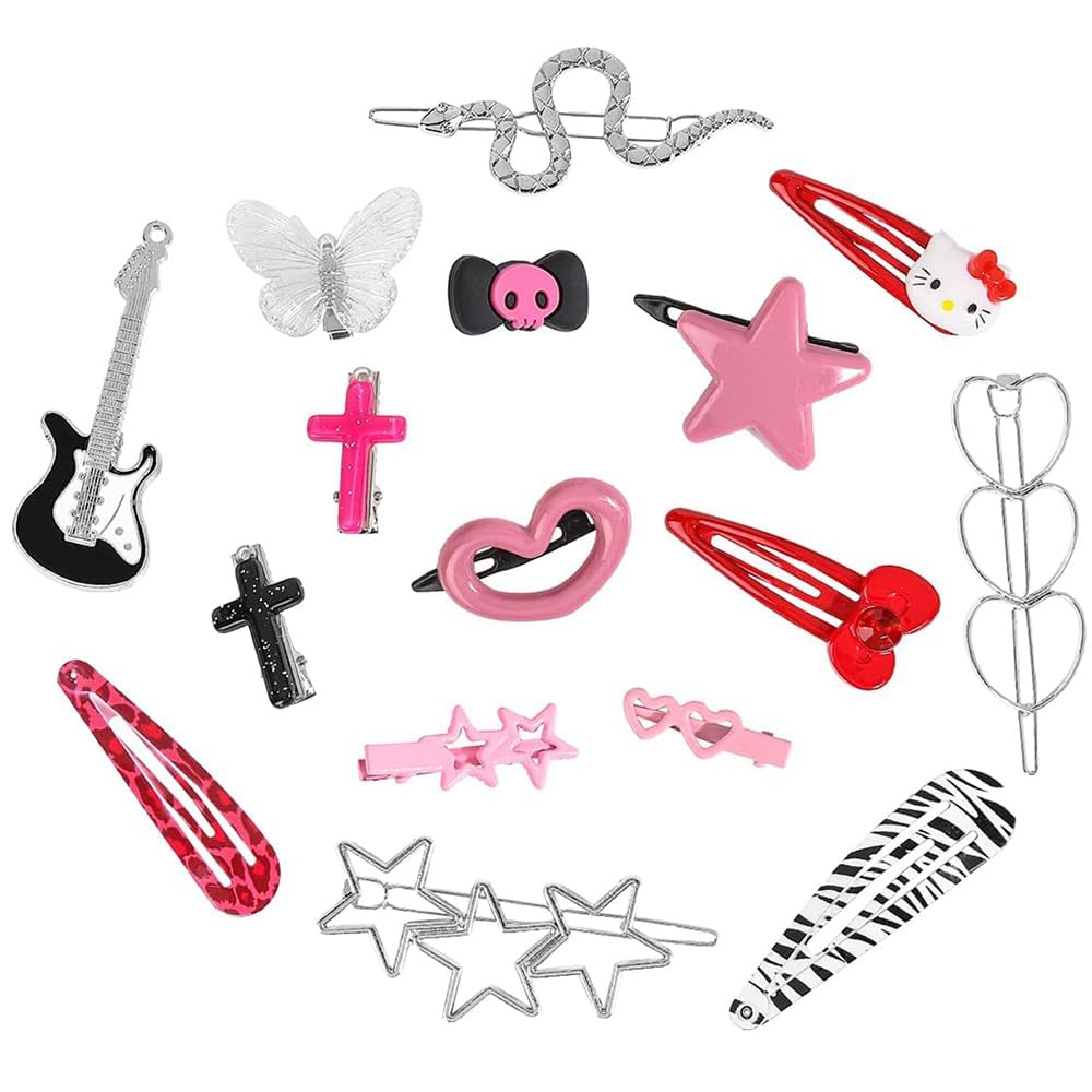 KPN-CSMM Cute Hair Clips Set, Snake Butterfly Cross Hollow Out Star Punk Guita Pink Hair Snap Clips