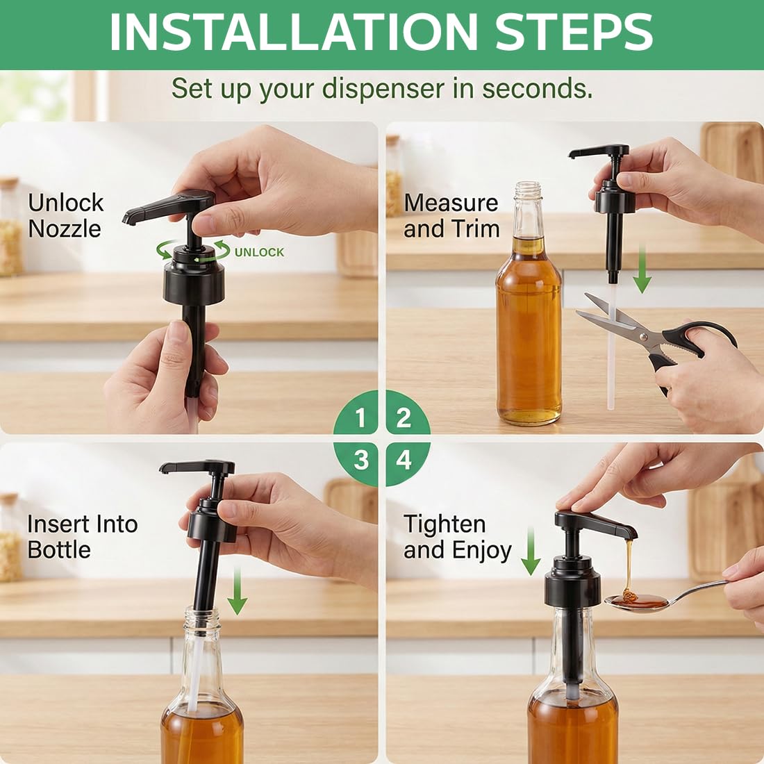 4 Pcs pompa dosatrice pompa dosatrice per sciroppo Dispenser a Pompa, Dosatore per sciroppo, pompa dosatrice, Dispenser Di Sciroppo Per Drink Succhi, Dispenser per Sciroppi, per Bottiglie