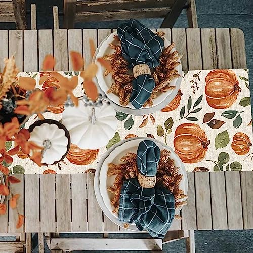 image for PANDICORN Fall Pumpkin Table Runner 13x72 Inch, Greenery Leaves Farmho