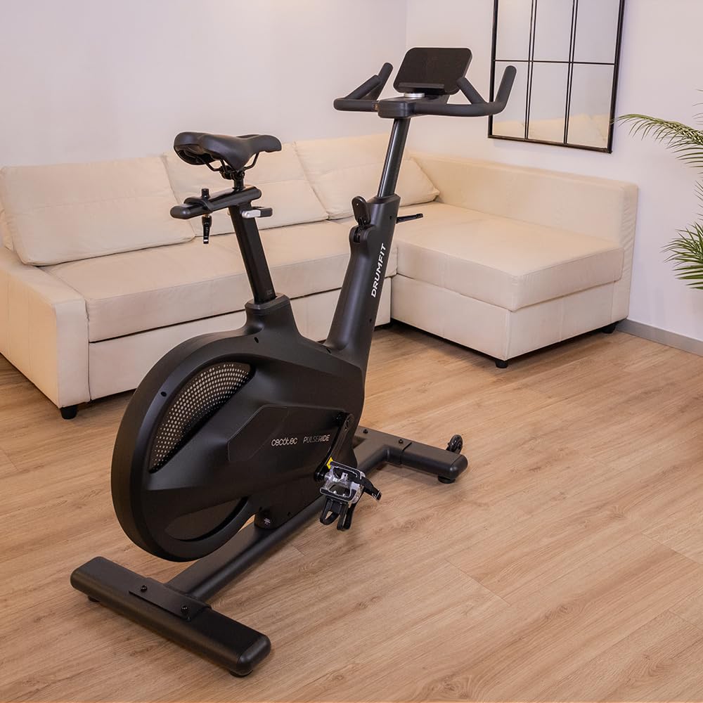 Cecotec Bicicleta Estática Indoor Drumfit PulseRide. Volante de Inercia 20kg, Resistencia Magnética 16 Niveles, Pantalla LED, Estructura de Aluminio hasta 135kg, Compatible Kinomap y Zwift