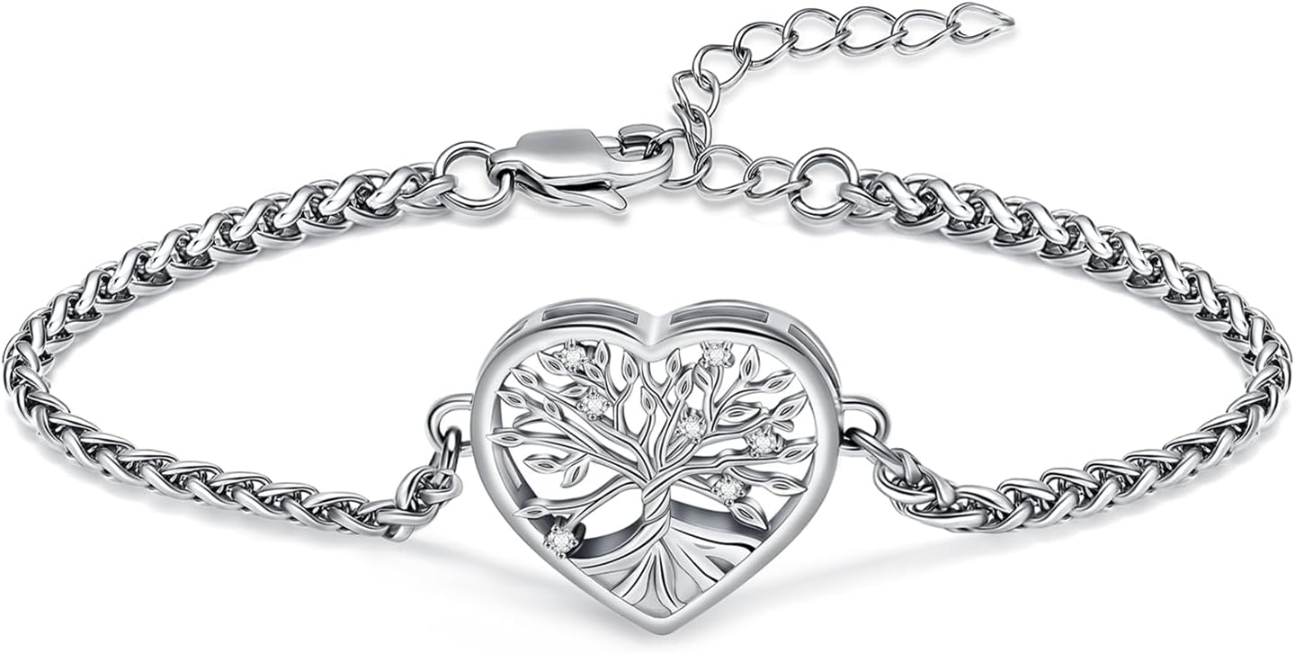 shajwo Cremation Jewelry Tree of Life Heart Urn Bracelet for Human Ashes for Women Men Adjustable Memorial Keepsake Link Bracelet