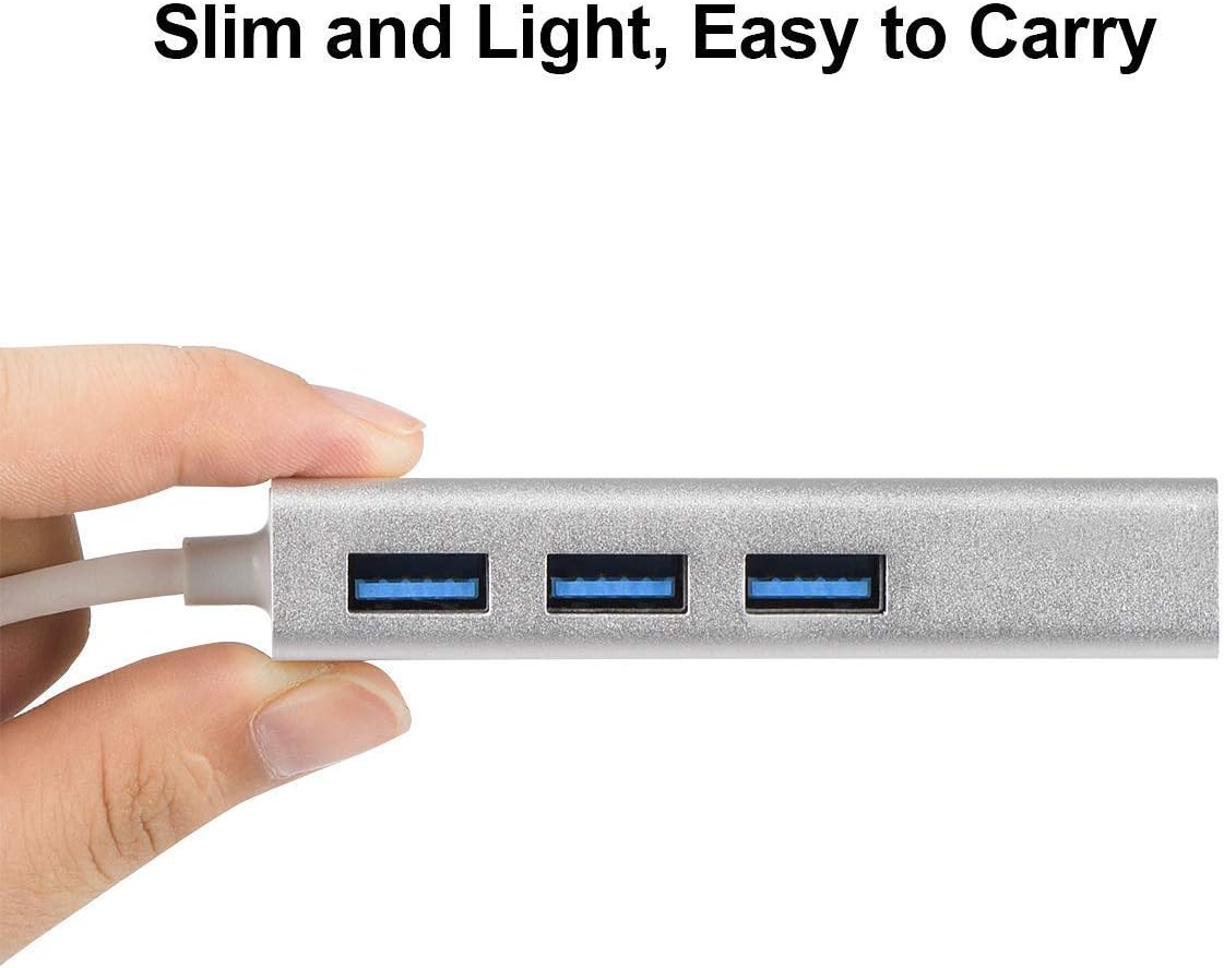 3 USB Port Hub with RJ45 LAN Adapter Laptop Ethernet Dock Network Extender for MacBook Air Pro/Surface Book/Dell XPS/Asus/Lenovo/HP (USB 2.0 Alloy-Silver)