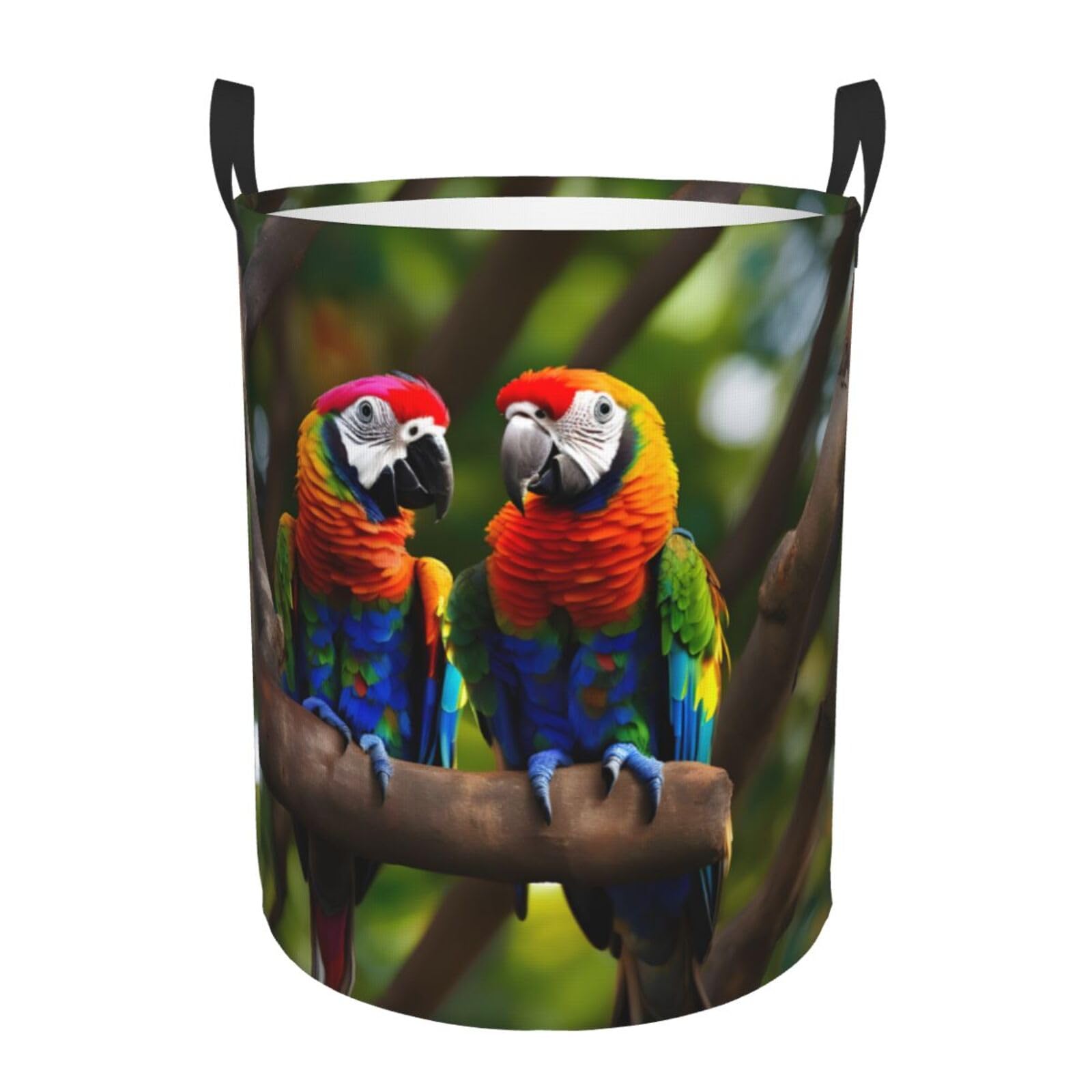 S Collapsible Laundry Hamper Round Colorful Parrots On Tree Print Storage