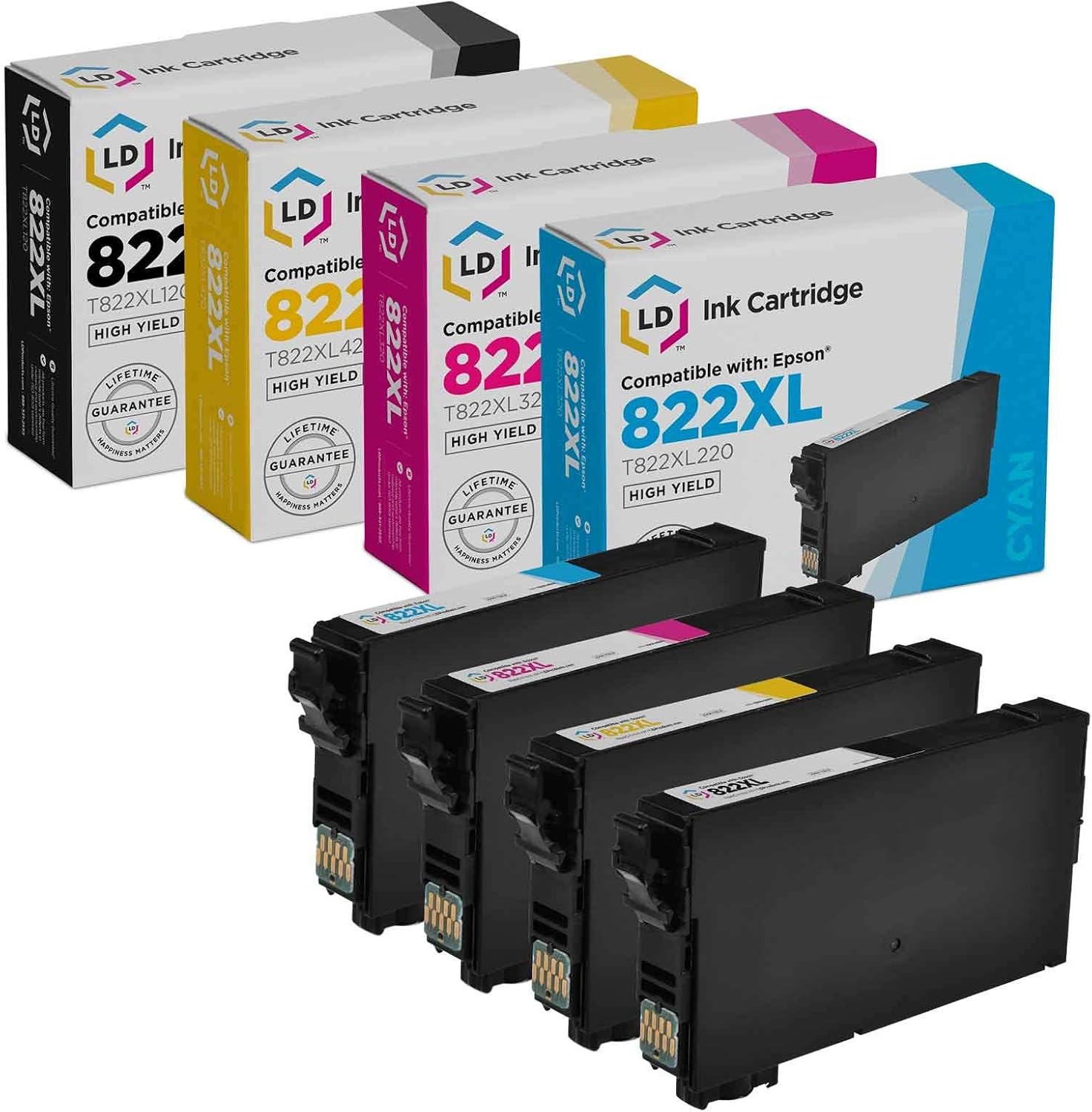 LD Products Remanufactured Ink Cartridge Replacements for Epson 822XL High Yield (Black, Cyan, Magenta, Yellow 4-Pack) Workforce Pro WF-3820 WF-4820 WF-4830 WF-4834 WF-4833 Workforce Pro WF-3823