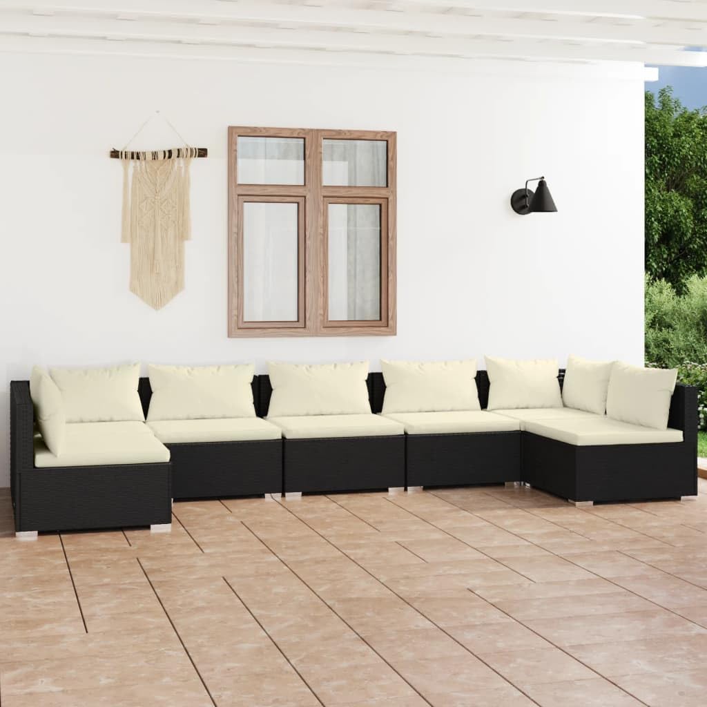 vidaXL Patio Lounge Set 7 Piece with Cushions Garden Outdoor Lawn Yard Terrace Balcony Backyard Sofa Seat Seating Furniture Poly Rattan Black