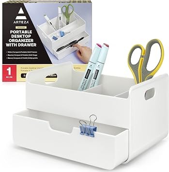 ARTEZA Small Desk Organizer with Drawer Portable White Caddy with Pen Holder, Lightweight Office Supply Storage for Desk, Classroom, or Dorm