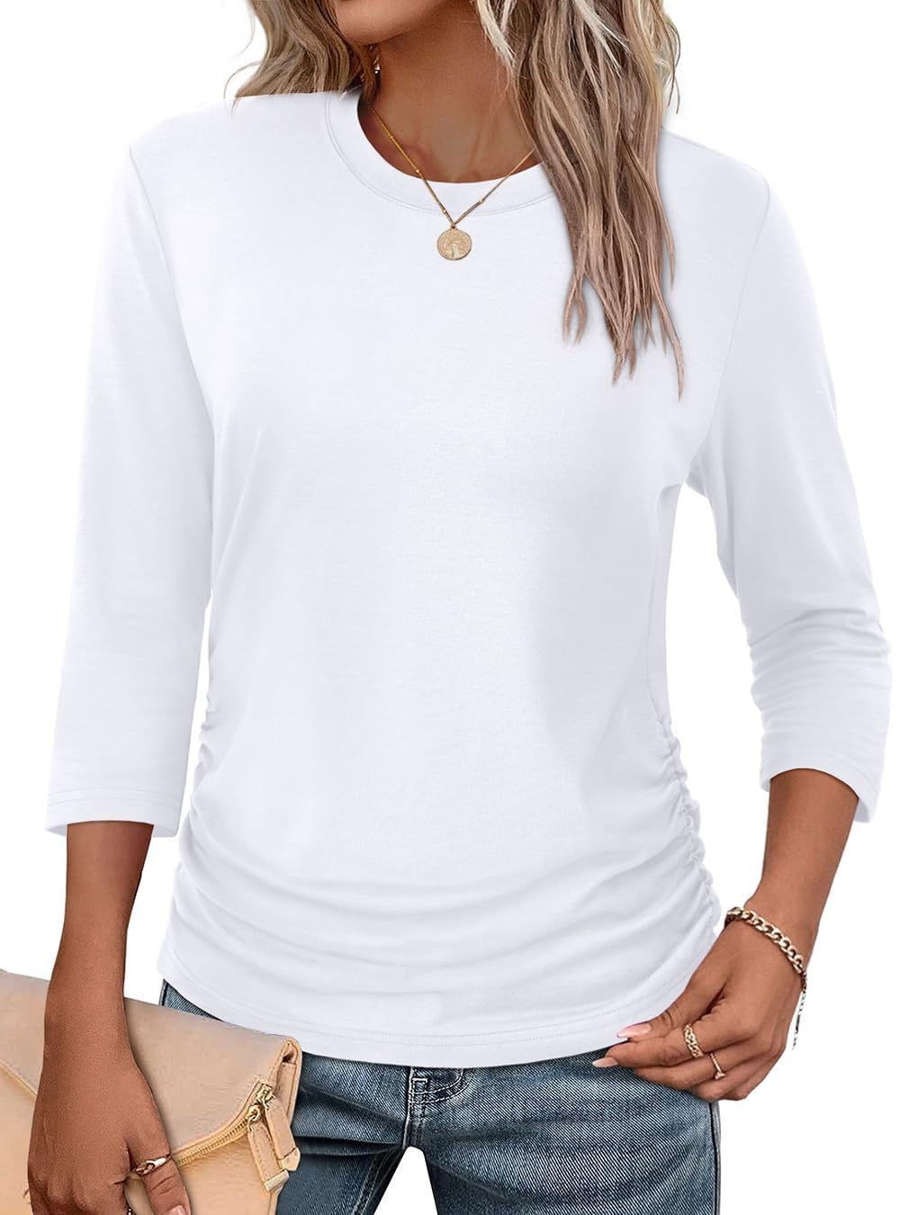 Blusa feminina de manga 3/4 com gola redonda franzida para o verão, roupas casuais de negócios, roupas de outono