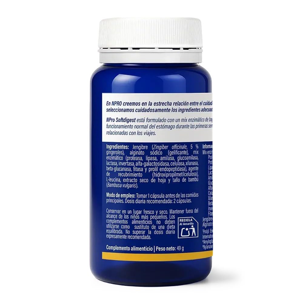 NPro SALUD INTESTINAL Softdigest 60 Cápsulas | 12 Enzimas Digestivas de Baja Carga, Jengibre y Alginato, Soporte para Digestión Sensible, Confort Gástrico
