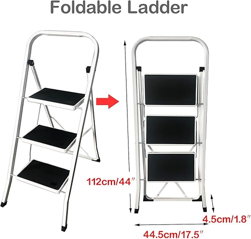 Miniatura 4 de Escalera de acero de 3 escalones con mango plegable con pedal antideslizante ancho de 330 libras, taburete resistente para adultos, multiusos para