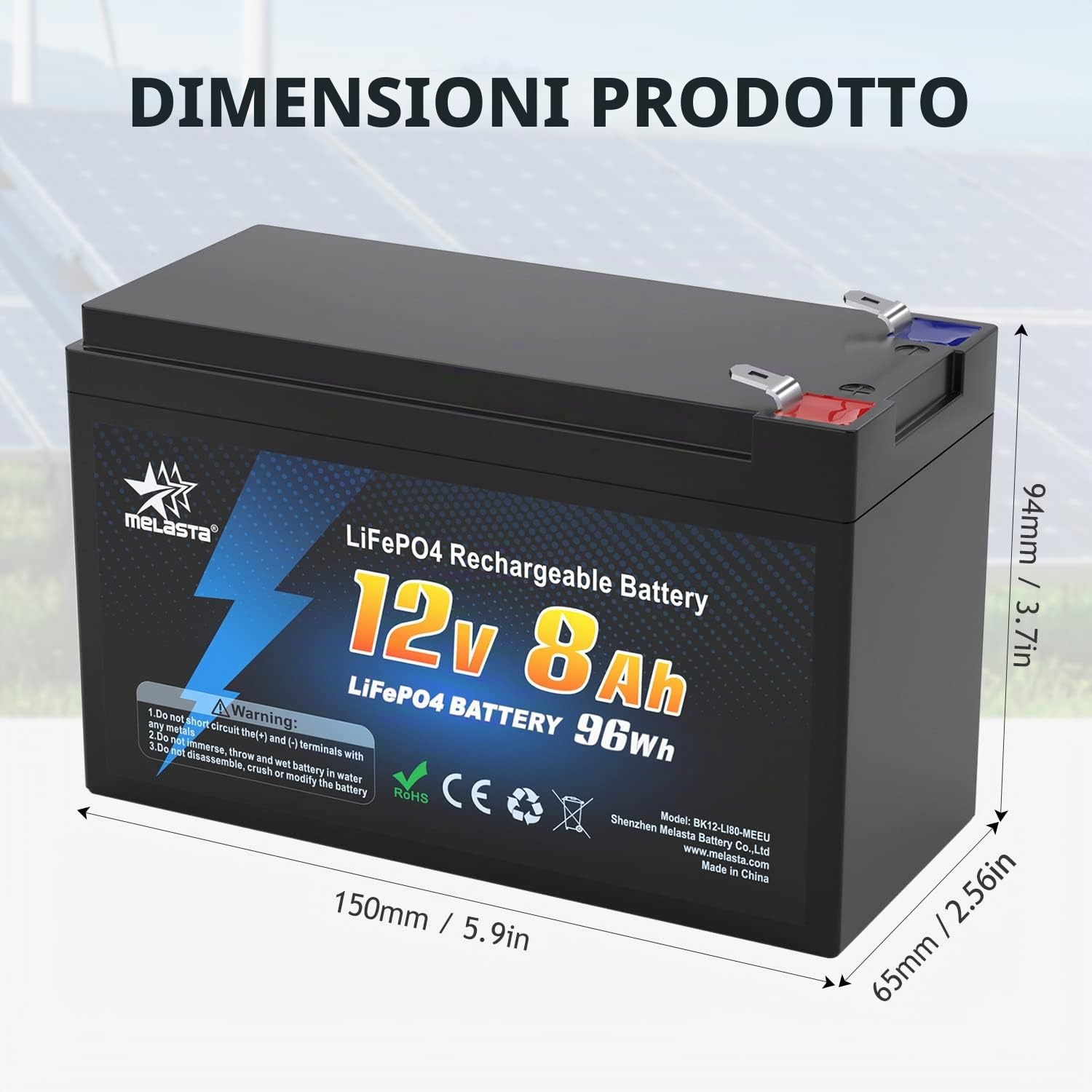 melasta Batteria al Litio LiFePO4 12V 8Ah Ferro Fosfato Ricaricabile a Ciclo Profondo Fino a 2000 Cicli Batteria Ricaricabile con Protezione BMS per kit Fotovoltaico, Barca, Scooter,Trolling Motor